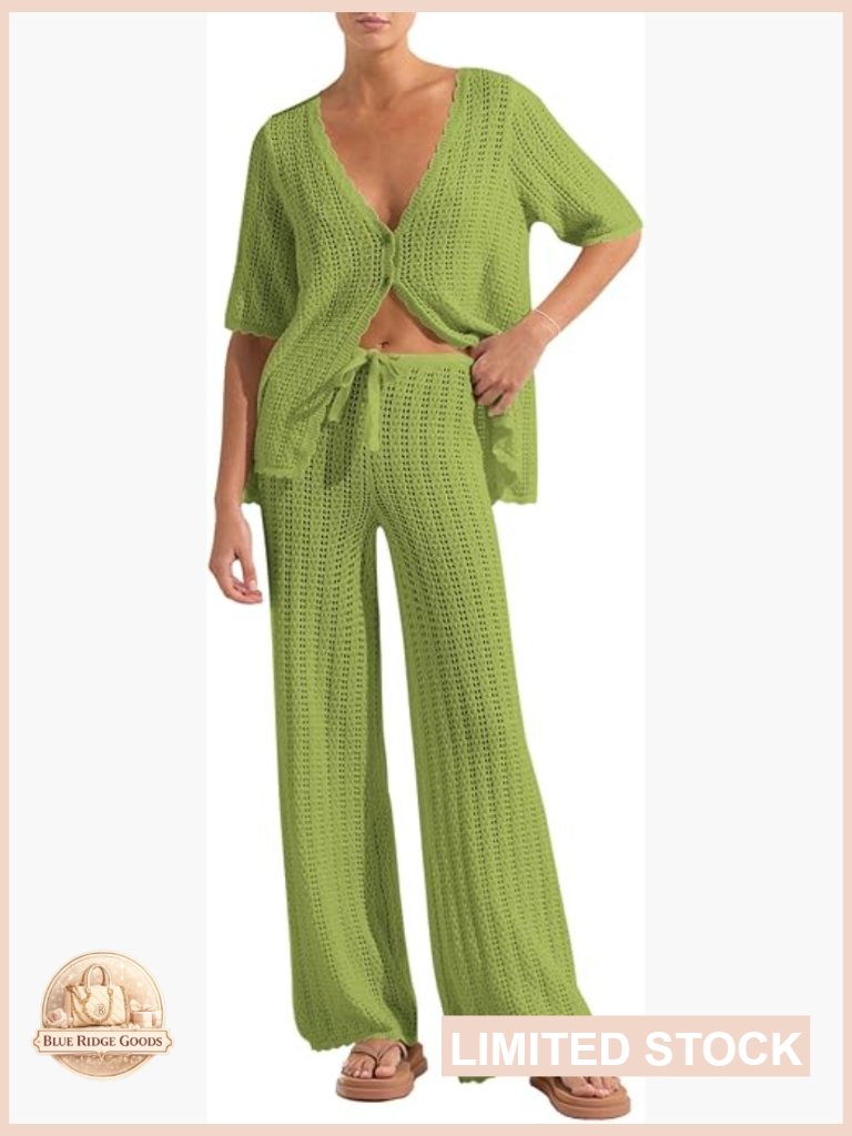Crochet Knit Cover Up Set Hollow Out Cardigan Wide Leg Pants Beach Outfit